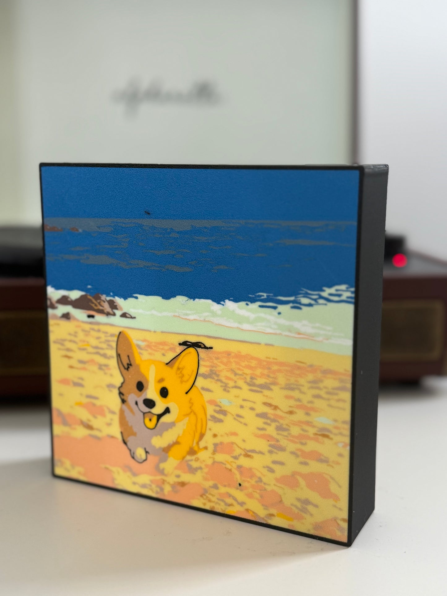 Corgi Beach Adventure 3D LED Light Box - Handcrafted Illuminated Coastal Art