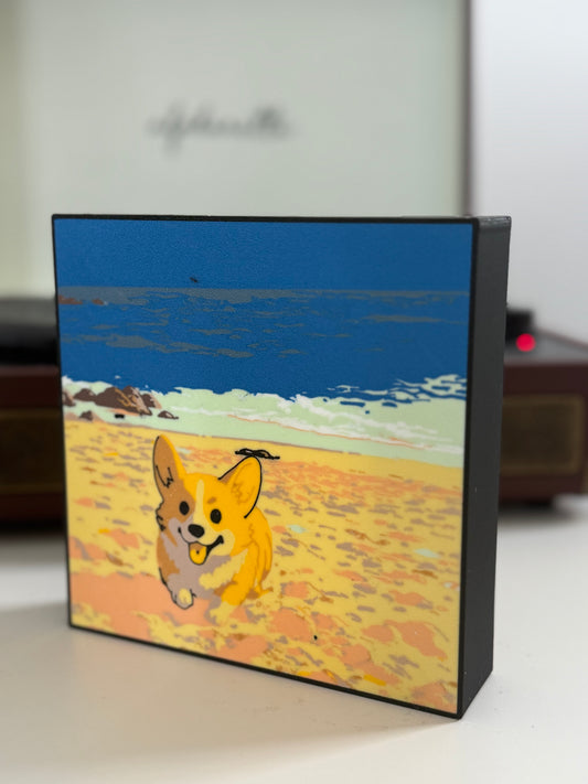 Corgi Beach Adventure 3D LED Light Box - Handcrafted Illuminated Coastal Art